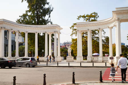 Batumi, Georgia - October 23, 2019: Part of city Batumi with houses, plant and blue sky with white clouds on a summer or autumn day in the country of Georgia, Adjaraのeditorial素材