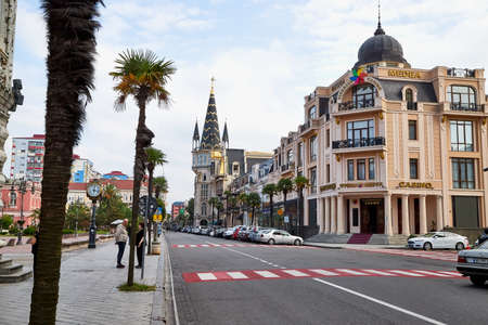 Batumi, Georgia - October 23, 2019: Part of city Batumi with houses, plant and blue sky with white clouds on a summer or autumn day in the country of Georgia, Adjaraのeditorial素材