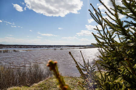 High water on a river or on a lake in sunny spring day. Russian nature landscape with water, trees and blue sky with white cloudsのeditorial素材
