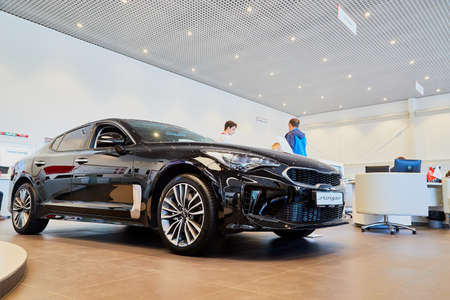 Vologda, Russia - June 18, 2019: Cars in showroom of dealership KIA in Vologda city in Russia