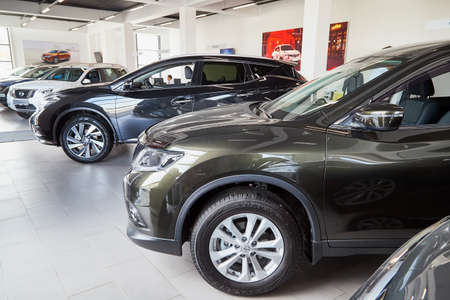 Petrozavodsk, Russia - June 19, 2019: Cars in showroom of dealership Nissan in Petrozavodsk city in...