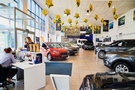 Murmansk, Russia - June 21, 2019: Cars in showroom of dealership Ford in Murmansk city in Russia