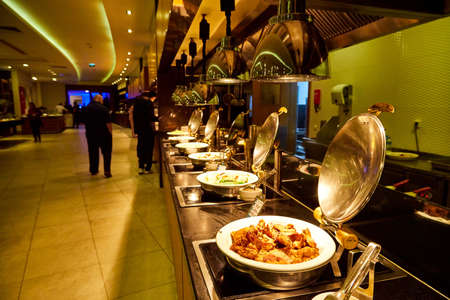 Antalia, Turkey - December 12, 2019: Food on the shelves in the self-service buffet with all...