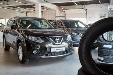 Petrozavodsk, Russia - June 19, 2019: Cars in showroom of dealership Nissan in Petrozavodsk city in...