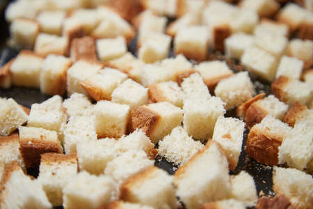 Square toasted pieces of homemade delicious rusk, hardtack, Dryasdust, zwieback on a baking sheet