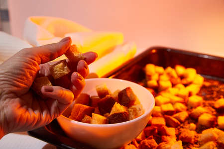 Square toasted pieces of homemade delicious rusk, hardtack, Dryasdust, zwieback on a white plate and baking sheet and woman handの写真素材