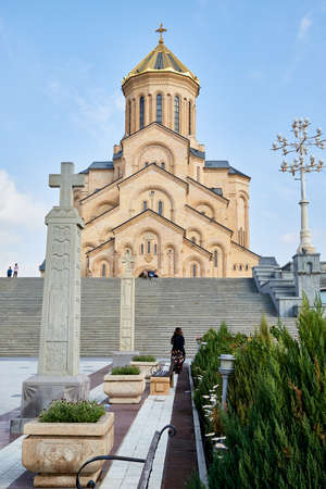 Tbilisi, Georgia - October 21, 2019: Big orthodox cathedral St. Trinity or Chirch Sameba in Tbilisi...