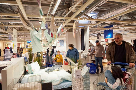 Kazan, Russia - December 22, 2019: Interior in hall of large IKEA store with a wide range of...