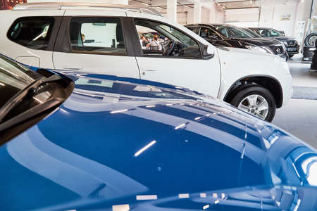 Petrozavodsk, Russia - June 19, 2019: Cars in showroom of dealership Nissan in Petrozavodsk city in Russiaのeditorial素材
