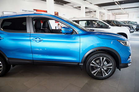 Petrozavodsk, Russia - June 19, 2019: Cars in showroom of dealership Nissan in Petrozavodsk city in...