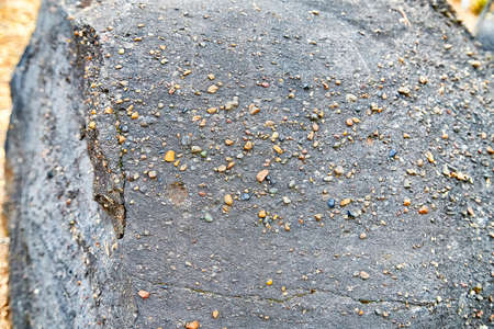 Large gray stone boulders in the forest among tree trunks in autumn, spring or summer