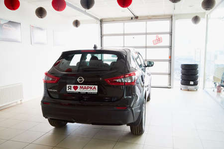 Vologda, Russia - June 18, 2019: Car in showroom of dealership Nissan in Vologda city in Russia