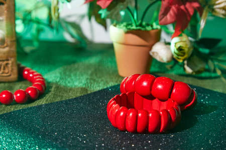 Beautiful bracelet made of red natural stones. Beautiful decoration and accessoryの写真素材