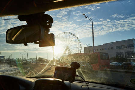 Kazan, Russia - December 22, 2019: View from the car on the street in the city in Russiaのeditorial素材