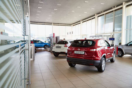 Vologda, Russia - June 18, 2019: Cars in showroom of dealership Nissan in Vologda city in Russia