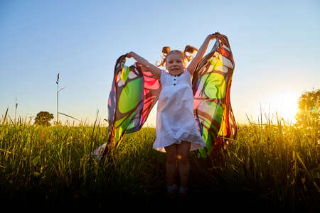 Young and small cute girl with bright fabric like butterfly wings play, fly, run, jump in meadow or field with green grass. Female child having fun on nature landscape during animation in campの写真素材