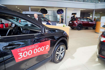 Murmansk, Russia - June 21, 2019: Cars in showroom of dealership Toyota in Murmansk in Russia