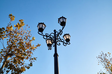 Retro style lantern near tree and blue sky background