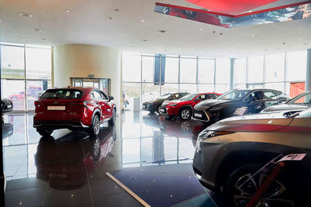 Murmansk, Russia - June 21, 2019: Cars in showroom of dealership Lexus in Murmansk city in Russia