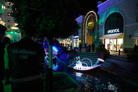 Belek, Turkey - December 18, 2019: A beautiful boat with fairy tale characters or theater actors...