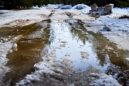Ice and snow in puddles in spring or autumn time. Thaw after winter in nature