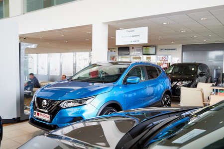 Vologda, Russia - June 18, 2019: Cars in showroom of dealership Nissan in Vologda city in Russia