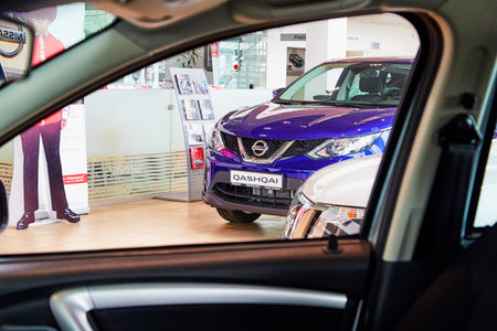 Kirov, Russia - May 07, 2019: Car in showroom of dealership Nissan in Kirov in 2019のeditorial素材