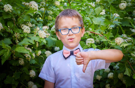 Boy in a white shirt and a pink butterfly and in glasses in nature among the greenery