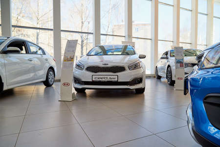 Kirov, Russia - March 07, 2019: Cars in showroom of dealership Kia in Kirov city in 2019