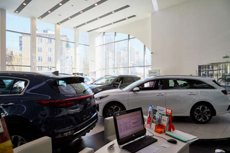 Kirov, Russia - March 07, 2019: Cars in showroom of dealership Kia in Kirov city in 2019