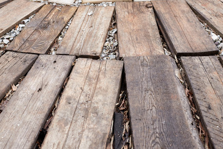 Path made of planks on the ground. Old brown board for background or textureの写真素材