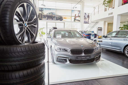 Petrozavodsk, Russia - June 19, 2019: Cars in showroom of dealership BMW in Petrozavodsk city in Russiaのeditorial素材