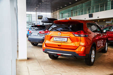 Kirov, Russia - May 07, 2019: Cars in showroom of dealership Nissan in Kirov in 2019