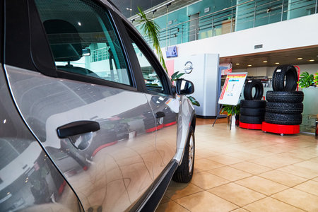 Kirov, Russia - May 07, 2019: Car in showroom of dealership Nissan in Kirov in 2019
