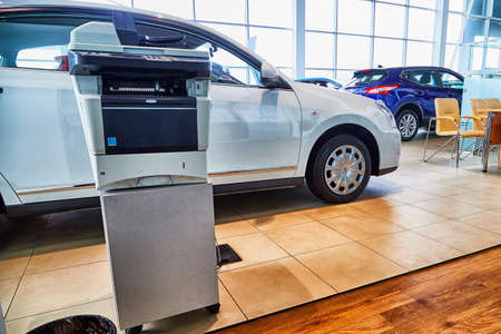 Kirov, Russia - May 07, 2019: Car in showroom of dealership Nissan in Kirov in 2019