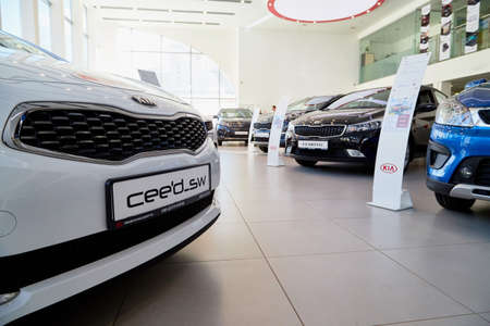Kirov, Russia - March 07, 2019: Cars in showroom of dealership Kia in Kirov city in 2019