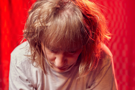 Portrait of serious sad middle-aged woman on red background. Unprofessional female model in the Studioの写真素材