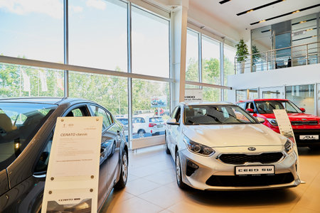 Vologda, Russia - June 18, 2019: Cars in showroom of dealership KIA in Vologda city in Russia