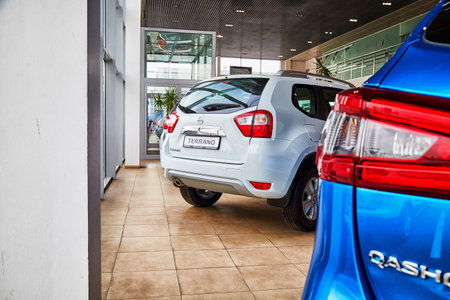 Kirov, Russia - May 07, 2019: Cars in showroom of dealership Nissan in Kirovのeditorial素材