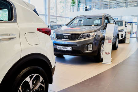 Vologda, Russia - June 18, 2019: Cars in showroom of dealership KIA in Vologda in Russia