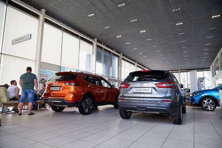 Vologda, Russia - June 18, 2019: Cars in showroom of dealership Nissan in Vologda city in Russia