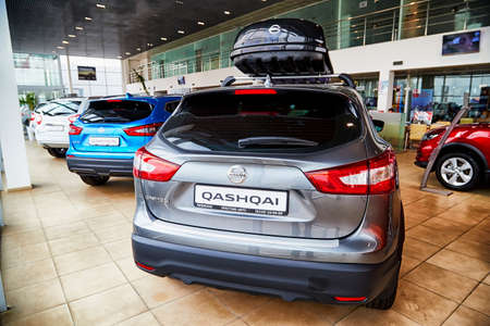 Kirov, Russia - May 07, 2019: Cars in showroom of dealership Nissan in Kirov in 2019