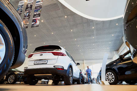 Vologda, Russia - June 18, 2019: Cars in showroom of dealership KIA in Vologda city in Russia