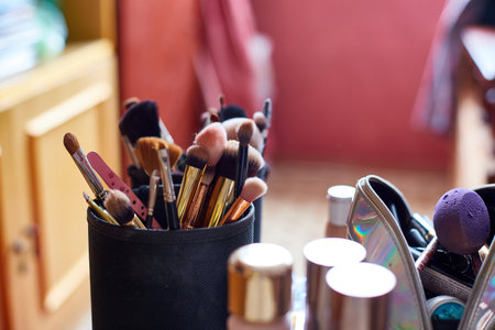 Kirov, Russia - July 17, 2020: Professional makeup brushes and tools. Make-up products setのeditorial素材