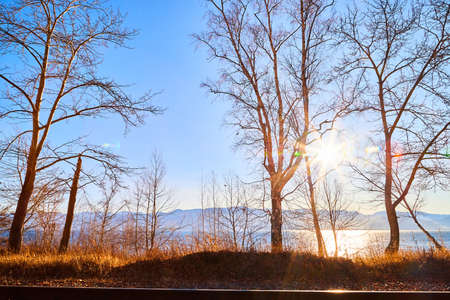 Circum Baikal railway running along the shore of Lake Baikal on an autumn sunny day with yellow landscape aroundの写真素材