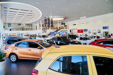 Vologda, Russia - June 18, 2019: Cars in showroom of dealership KIA in Vologda city in Russiaのeditorial素材