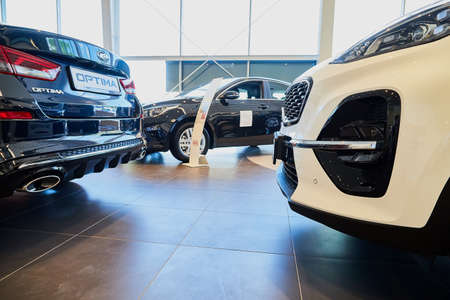 Vologda, Russia - June 18, 2019: Cars in showroom of dealership KIA in Vologda city in Russiaのeditorial素材