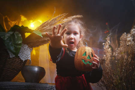 Cute little girl in costume for witch in the room decorated fot Halloweenの写真素材