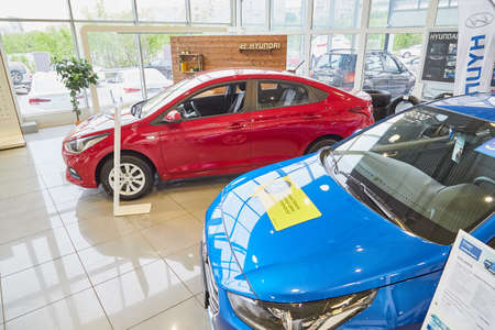 Murmansk, Russia - June 21, 2019: Cars in showroom of dealership Hyundai in Murmansk city in Russia