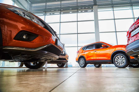 Kirov, Russia - May 07, 2019: Cars in showroom of dealership Nissan in Kirov in 2019